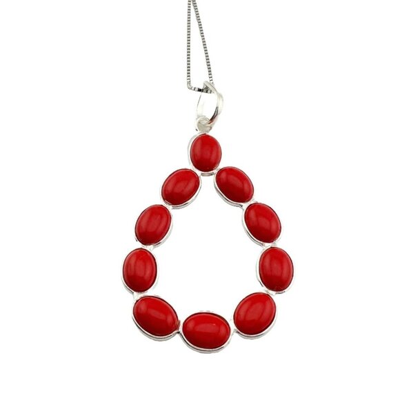 Modern 8.5 ct Red Coral Bold Teardrop Pendant - 24" Sterling Silver Chain - Picture 2 of 7